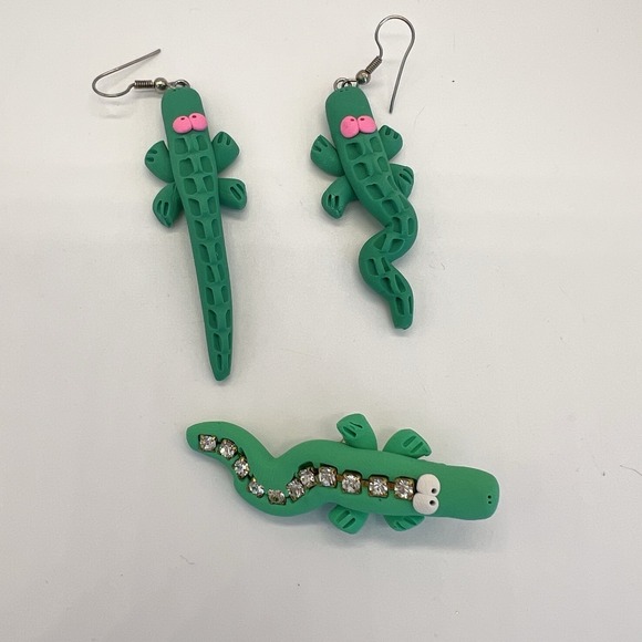Alligator Polymer Clay Dangle Earrings Brooch Set Handmade Zoolery Vintage - Picture 2 of 6